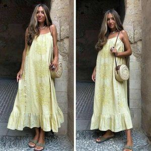 ZARA NWT Long Embroidered Dress Washed Green